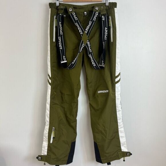 Vintage Y2K Spyder Women’s 14 Ski Snow Pants Green White Suspender Bib Overalls - Picture 1 of 15